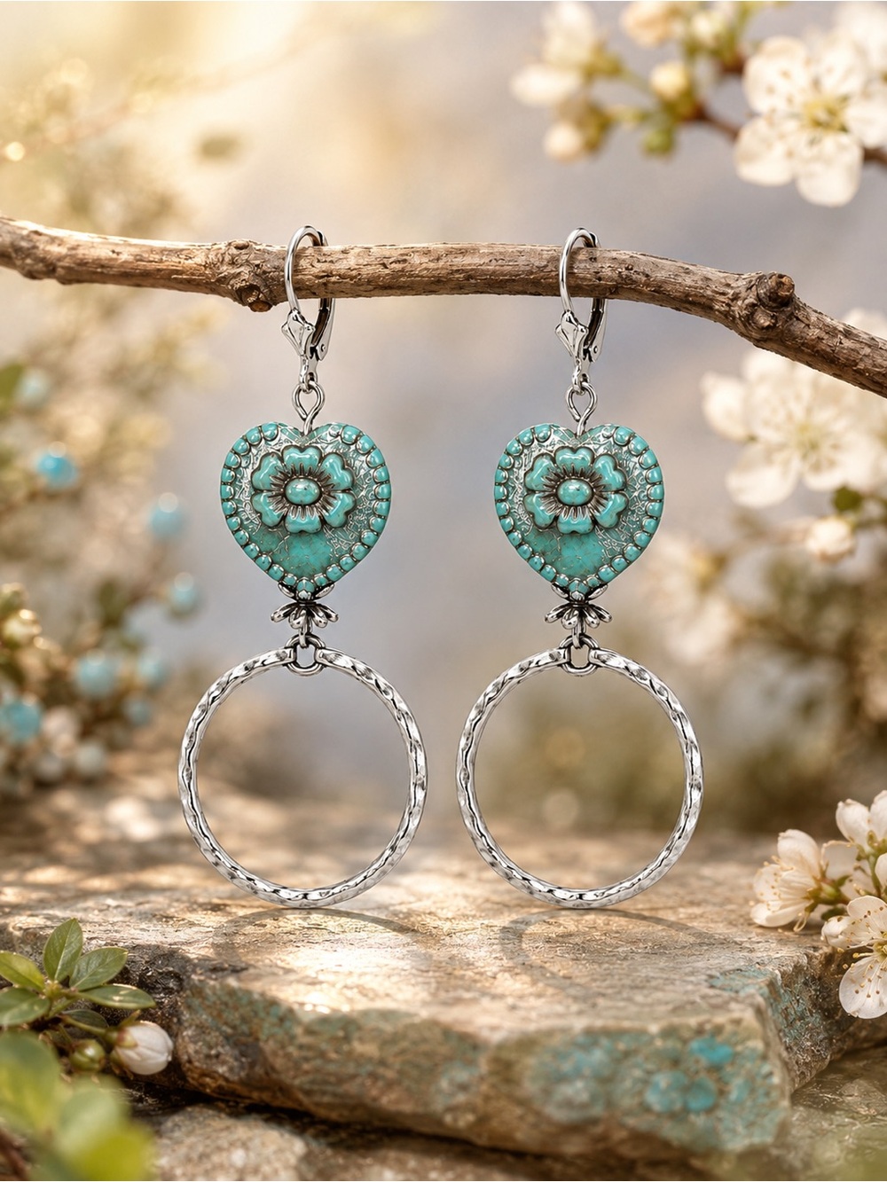 925 Sterling Silver Leverback Turquoise Czech Glass Heart Boho Dangle Earrings